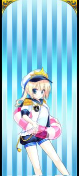 Rule 34 | 1girl, blonde hair, blue eyes, blue sailor collar, blue shorts, breasts, epaulettes, giuniu, hat, highres, innertube, medium hair, mel oceano, puffy short sleeves, puffy sleeves, sailor collar, shirt, short sleeves, shorts, small breasts, swim ring, uchi no hime-sama ga ichiban kawaii, white shirt