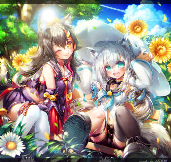 2girls ahoge animal_ear_fluff animal_ear_piercing animal_ears bell bench black_boots black_hair black_shorts blue_eyes blue_neckerchief blue_sky boots braid breasts choker cloud commentary_request cropped_shirt day detached_sleeves flipped_hair flower fox_ears fox_girl fox_tail full_body grey_thighhighs hair_between_eyes hair_ornament hairclip hat hololive jingle_bell letterboxed long_hair looking_at_viewer medium_breasts miniskirt misaki_(kyal_001) multicolored_hair multiple_girls navel neckerchief necktie one_eye_closed ookami_mio ookami_mio_(1st_costume) open_mouth outdoors pleated_skirt purple_shirt purple_skirt red_choker red_hair red_necktie sailor_collar shirakami_fubuki shirakami_fubuki_(1st_costume) shirt shoe_soles shorts side_braid single_thighhigh sitting skirt sky sleeveless sleeveless_shirt smile streaked_hair sun_hat sunflower tail thigh_strap thighhighs tree virtual_youtuber white_hair white_hat white_sailor_collar white_sleeves white_thighhighs wolf_ears wolf_girl wolf_tail yellow_flower