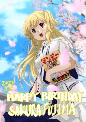 Rule 34 | 1girl, 22/7, blonde hair, bxtbsy7q76gxh73, character name, cherry blossoms, cowboy shot, dated, from below, fujima sakura, happy birthday, highres, holding, holding magazine, long hair, looking ahead, magazine (object), one side up, open mouth, outdoors, purple eyes, smile, solo, standing, teeth, uniform