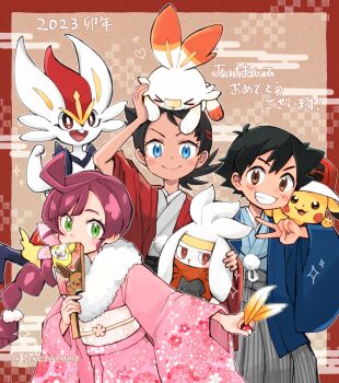 1girl 2023 2boys ahoge alternate_costume ash_ketchum black_hair blue_eyes blue_jacket blush brown_eyes character_print chinese_zodiac chloe_(pokemon) cinderace closed_mouth clothed_pokemon commentary_request eevee eyelashes flower gen_1_pokemon gen_8_pokemon goh_(pokemon) green_eyes grin hagoita hair_flower hair_ornament hakama hand_up haori_himo heart highres holding jacket japanese_clothes kimono multiple_boys new_year nintendo on_head open_clothes open_jacket paddle pikachu pink_flower pink_kimono pokemon pokemon_(anime) pokemon_(creature) pokemon_journeys pokemon_on_head pokesumomo ponytail raboot red_jacket sash scorbunny short_hair smile teeth translation_request v wide_sleeves yamper year_of_the_rabbit