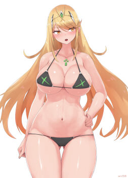 1girl angoha bikini black_bikini blonde_hair blush breasts circlet collarbone core_crystal_(xenoblade) earrings gluteal_fold hand_on_own_hip highres jewelry large_breasts long_hair mythra_(xenoblade) navel open_mouth simple_background solo stomach string_bikini swept_bangs swimsuit very_long_hair white_background xenoblade_chronicles_(series) xenoblade_chronicles_2 yellow_eyes