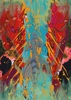 Rule 34 | 3boys, black sclera, blood, blood from mouth, colored sclera, commentary, diavolo, freckles, green eyes, highres, jojo no kimyou na bouken, multiple boys, nosebleed, open mouth, razor blade, red eyes, risotto nero, striped clothes, untranslatable commentary, vento aureo, vinegar doppio, yorunue ro