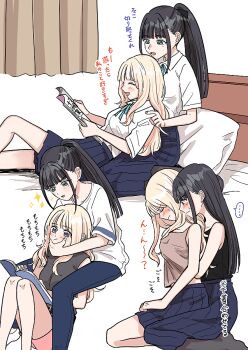 2girls amaya_tsubame black_hair blonde_hair blue_eyes blue_skirt blush bochayui brown_camisole camisole cheek_squash collared_shirt commentary_request curtains gakuen_idolmaster grabbing_another's_breast grabbing_from_behind groping hand_on_another's_face holding holding_magazine idolmaster juo_sena long_hair magazine_(object) multiple_girls on_bed open_mouth pillow pleated_skirt ponytail purple_eyes shirt skirt smile sparkle translation_request white_shirt yuri