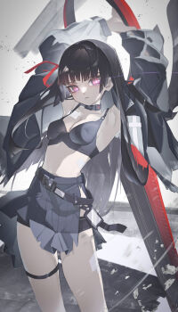 1girl 2ho absurdres arms_up black_bra black_choker black_hair black_jacket black_skirt bra breasts chisa_(wuthering_waves) choker cleavage collarbone commentary hair_ribbon highres holding holding_sword holding_weapon jacket long_hair looking_at_viewer medium_breasts mole mole_under_eye no_shirt open_clothes open_jacket parted_lips pink_eyes red_ribbon revision ribbon skirt solo sword thigh_strap thighs underwear vignetting weapon wuthering_waves