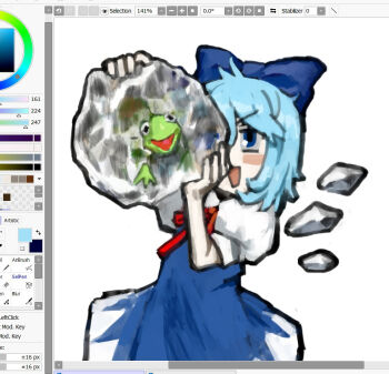Rule 34 | 12ushba1274, 1girl, 1other, art program in frame, blue dress, blue eyes, blue hair, blue ribbon, blush, bow, bowtie, cirno, cryokinesis, detached wings, dress, frog, frozen, furrowed brow, hair ribbon, ice, ice wings, kermit the frog, magic, muppets, open mouth, painttool sai, pale skin, puffy short sleeves, puffy sleeves, puppet, red bow, red bowtie, ribbon, short hair, short sleeves, smile, third-party source, touhou, two-tone dress, white background, wings