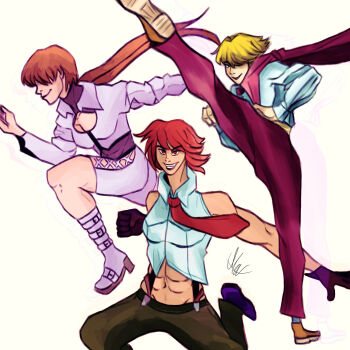 3girls blonde_hair boots breasts female_focus formal_clothes gloves heel_up high_heels highres jacket king_(snk) large_breasts long_hair medium_breasts medium_hair multiple_girls pale_skin pants red_eyes red_hair shermie_(kof) shirt shoes short_hair smile smiley_face suit the_king_of_fighters tuxedo twintails vanessa_(kof) white_shirt