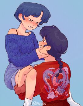 Rule 34 | 1boy, 1girl, absurdres, alesshiart, black hair, blue background, blue shorts, blue sweater, blush, bra strap, braid, breasts, brown eyes, commentary, denim, denim shorts, dragon print, english commentary, grin, hand on another's cheek, hand on another's face, hetero, highres, invisible chair, medium breasts, ranma 1/2, ribbed sweater, saotome ranma, short hair, short shorts, shorts, signature, single braid, sitting, smile, socks, sweater, tendou akane, white socks