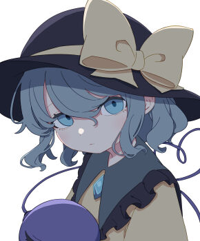 Rule 34 | 1girl, absurdres, blue eyes, blush, bow, closed mouth, collared shirt, commentary request, contrast collar, frilled shirt collar, frills, green hair, hair between eyes, hat, hat bow, heart, heart of string, highres, kame (kamepan44231), komeiji koishi, looking at viewer, portrait, shirt, short hair, simple background, solo, third eye, touhou, white background, yellow bow, yellow shirt