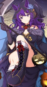 1girl ahoge animal_ears bare_shoulders black_boots black_cape black_dress black_gloves blue_cape blue_eyes boots breasts cape cleavage closed_mouth commission dress ears_through_hood fur_trim gloves hair_between_eyes highres holding holding_scythe hood horse_ears horse_girl jack-o'-lantern large_breasts long_hair looking_at_viewer original purple_eyes scythe sheita smile solo thighs umamusume vgen_commission