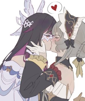 2girls black_hair blush bonnet braid braided_bun columbina_(genshin_impact) commentary detached_sleeves dress english_commentary genshin_impact gloves grey_hair hair_bun hand_on_another's_face heart kayveris kiss multiple_girls off-shoulder_dress off_shoulder purple_dress purple_streaks sandrone_(genshin_impact) shoulder_blush simple_background spoken_heart white_background white_dress white_gloves yuri