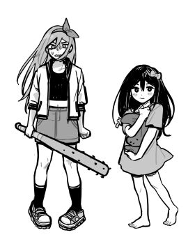 2girls absurdres aubrey_(faraway)_(omori) aubrey_(headspace)_(omori) aubrey_(omori) barefoot baseball_bat blush bow bu3hgg closed_mouth collarbone denim denim_skirt double-parted_bangs greyscale hair_between_eyes hair_bow hairband highres holding holding_baseball_bat holding_stuffed_toy jacket long_hair long_shirt long_sleeves looking_at_viewer monochrome mr._plantegg_(omori) multiple_girls nail_(hardware) nail_bat navel omori parted_lips shoes short_sleeves simple_background skirt sneakers socks stuffed_animal stuffed_eggplant stuffed_toy sweatdrop