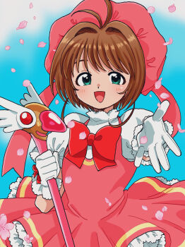 1girl :d antenna_hair bow bowtie brown_hair cardcaptor_sakura cherry_blossoms commentary_request dress falling_petals frilled_dress frilled_gloves frilled_shirt frills fuuin_no_tsue glove_bow gloves green_eyes hat highres holding holding_wand kinomoto_sakura kinomoto_sakura_(magician) looking_at_viewer naruse_ill open_mouth petals pinafore_dress pink_dress pink_hat puffy_short_sleeves puffy_sleeves reaching reaching_towards_viewer red_bow red_bowtie shirt short_hair short_sleeves sleeveless sleeveless_dress smile solo upper_body wand white_gloves white_shirt