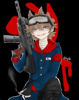 Rule 34 | 1boy, animification, armband, bandaged neck, bandages, black background, black boots, black gloves, black pants, blue coat, boots, brown hair, cigarette, coat, commentary, drawstring, eddsworld, english commentary, fingerless gloves, future tord (eddsworld), gloves, glowing, glowing eyes, goggles, goggles on head, grey eyes, grin, gun, hair ears, highres, holding, holding cigarette, holding gun, holding weapon, hood, hood down, hoodie, iuyitd, looking at viewer, male focus, name tag, pants, red armband, red hoodie, short hair, signature, simple background, sitting, smile, smoke, solo, symbol-only commentary, tord (eddsworld), variant set, weapon