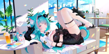 1girl absurdres animal_ear_fluff animal_ears beach bell black_cat black_gloves black_hairband blue_sky blush breasts building cat cat_ears cat_girl cat_tail cellphone chair cleavage clothes_lift cloud colored_eyelashes commentary_request couch cup day drinking_glass eating food from_side full_body gloves hairband hands_on_own_stomach highres holding holding_phone incredibly_absurdres indoors large_breasts leaf long_hair looking_at_viewer lying mint_(nte) multicolored_hair neck_bell neverness_to_everness ocean on_back phone pink_eyes pink_streaks plant popsicle sandals shirt shirt_lift shirt_rolled_up shorts shorts_under_skirt sky slippers solo streaked_hair sunlight table tail thigh_strap thighhighs white_shirt white_thighhighs window zhcx7832