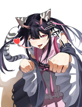 Rule 34 | 1boy, absurdres, animal ears, cat ears, cho kaguya-hime!, commentary request, crossdressing, crossdressing (mtf), detached sleeves, fang, feminization, hands up, heart, highres, horns, komazawa noi, long sleeves, looking at viewer, male focus, mong91, multicolored hair, open mouth, pink eyes, solo, tail, tongue, trap, twintails, white background