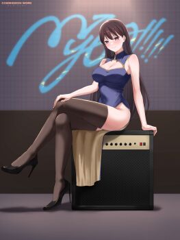 1girl absurdres alternate_costume bang_dream! bang_dream!_it&#039;s_mygo!!!!! black_eyes black_hair black_thighhighs blush breasts commentary commission dress english_commentary high_heels highres indoors large_breasts long_hair long_sleeves looking_at_viewer miyamu mygo!!!!!_logo_(bang_dream!) scenery shiina_taki sitting smile solo thighhighs vgen_commission