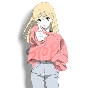 1boy black_eyes blonde_hair blue_pants closed_mouth cowboy_shot denim english_text hand_in_pocket highres hood hoodie jeans long_hair looking_at_viewer male_focus mashmash213 oozora_hibari pants pink_hoodie pointing pointing_at_viewer shadow solo standing stop!!_hibari-kun! trap white_background