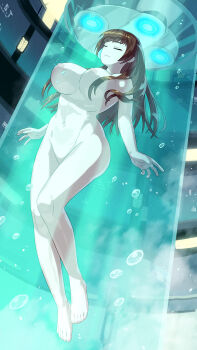 1girl barefoot breasts brown_hair bubble closed_eyes closed_mouth dead_or_alive female_focus full_body highres huge_breasts indoors kasumi_(doa) laboratory large_breasts liquid long_hair navel nude sleeping solo stasis_tank submerged tecmo toes trapped yagi2013