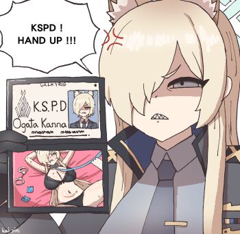 1girl absurdres animal_collar animal_ear_fluff animal_ears bdsm black_bra black_jacket black_panties blonde_hair blue_archive blue_eyes blue_halo blue_necktie blue_shirt blush bra breasts cleavage collar condom condom_wrapper cuffs dog_ears extra_ears frown hair_over_one_eye halo handcuffs highres jacket kai_xin kanna_(blue_archive) large_breasts leash long_hair lying navel necktie panties shaded_face sharp_teeth shirt slave teeth thighs underwear