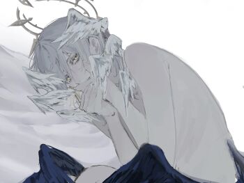 1boy black_wings blue_hair commentary hair_between_eyes hands_on_own_face head_wings highres honkai:_star_rail honkai_(series) low_wings male_focus medium_hair multiple_wings nude ootoro_3_3 sunday_(honkai:_star_rail) symbol-only_commentary white_wings wings yellow_eyes