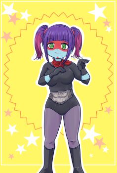 1girl artist_request black_gloves black_leotard breasts gloves green_eyes highres kamen_rider leotard long_hair looking_at_viewer pantyhose purple_hair shocker_(kamen_rider) smile solo standing toujima_tanzaburou_wa_kamen_rider_ni_naritai twintails wide_hips yellow_background yukarisu