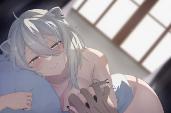 1boy 1girl alternate_costume animal_ear_fluff animal_ear_piercing animal_ears black_nails blurry blurry_background blush breasts camisole cleavage closed_mouth commentary depth_of_field double-parted_bangs grey_eyes grey_hair hair_between_eyes half-closed_eyes highres holding_hands hololive hugging_object interlocked_fingers large_breasts light_particles lion_ears lion_tail long_hair lying masaya_tayo messy_hair morning nail_polish no_pants on_side pillow pillow_hug pov pov_hands raised_eyebrows seductive_smile shishiro_botan smile strap_slip tail virtual_youtuber white_camisole window