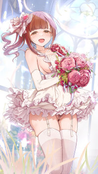 1girl :d bad_source bar_censor blunt_bangs blush bouquet breasts bridal_gauntlets brown-eared_bulbul brown_hair censored commentary_request dress female_pubic_hair flower garter_straps gloves hair_ornament hair_ribbon heart heart_hair_ornament highres holding holding_bouquet idolmaster idolmaster_cinderella_girls igarashi_kyoko looking_at_viewer medium_breasts microdress mk_(mod0) naked_dress open_mouth pink_flower pink_rose pubic_hair pussy ribbon rose sideboob sidelocks smile solo_focus stained_glass standing thighhighs wedding_dress white_dress white_garter_straps white_gloves white_thighhighs
