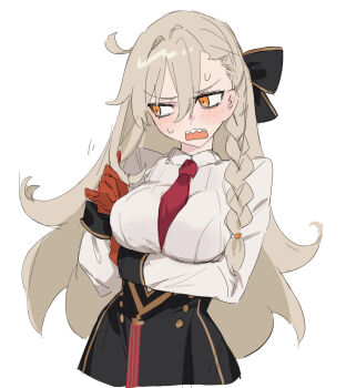 1girl asymmetrical_bangs black_skirt blush breasts collared_shirt fate/grand_order fate_(series) gloves grey_hair hair_ribbon high-waist_skirt highres kaigan0211 large_breasts long_hair long_sleeves looking_to_the_side necktie olga_marie_animusphere olga_marie_animusphere_(unbeast) open_mouth orange_eyes pencil_skirt red_gloves ribbon sharp_teeth shirt skirt solo teeth white_shirt