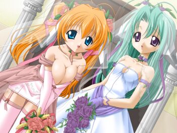2girls antenna_hair aqua_hair blue_eyes blush bouquet breasts breasts_squeezed_together bridal_veil bride choker cleavage cleavage_cutout clothing_cutout collarbone cowboy_shot curtained_hair dress dutch_angle elbow_gloves flower game_asset gloves hair_between_eyes hair_flower hair_ornament hair_ribbon holding holding_bouquet large_breasts leaning_forward long_hair low-tied_long_hair machine_maiden_next milena_(machine_maiden) multiple_girls nakajima_konta non-web_source official_art open_mouth orange_hair pink_dress pink_gloves pink_ribbon pink_thighhighs purple_eyes purple_gloves purple_ribbon rena_(machine_maiden) ribbon robot_ears self-datamine short_dress small_breasts smile standing strapless strapless_dress tareme thighhighs twintails veil visual_novel_cg wedding wedding_dress white_dress