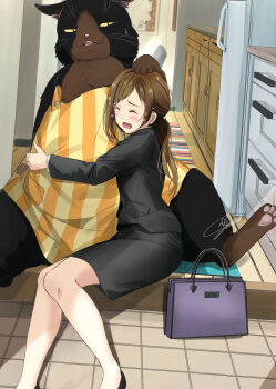 1boy 1girl animal apron black_jacket black_skirt carpet cat closed_eyes commentary_request dekiru_neko_wa_kyou_mo_yuuutsu fukuzawa_saku highres hug indoors jacket office_lady on_floor open_mouth oversized_animal pencil_skirt purple_bag signature sitting skirt soragane_(banisinngurei) tearing_up whiskers yukichi_(dekiru_neko_wa_kyou_mo_yuuutsu)