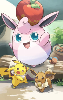 berry_(pokemon) blue_eyes brown_eyes brown_fur day eevee food fruit gen_1_pokemon highres leaf leppa_berry nintendo no_humans open_mouth outdoors pikachu pink_fur pokemon pokemon_(creature) two-tone_fur wigglytuff yamaori_(hakkentai_pokedan) yellow_fur