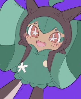 blush brown_eyes highres kuzuyu looking_at_viewer nintendo ogerpon open_mouth pokemon pokemon_(creature) purple_background sitting solo star-shaped_pupils star_(symbol) symbol-shaped_pupils