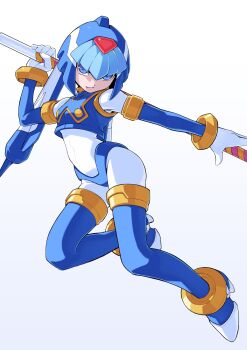 1girl absurdres armor blue_armor blue_eyes blue_helmet fairy_leviathan_(mega_man) forehead_jewel full_body helmet highres holding holding_polearm holding_weapon mega_man_(series) mega_man_zero_(series) polearm simple_background solo spear weapon white_background zealmaker