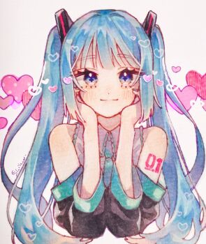 1girl aqua_hair aqua_necktie arm_tattoo black_sleeves blue_eyes blush collared_shirt detached_sleeves hair_ornament hands_on_own_cheeks hands_on_own_face hatsune_miku heart highres looking_at_viewer miku_day necktie shifu0321 shirt sidelocks solo tattoo twintails upper_body vocaloid