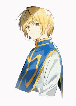 1boy blonde_hair blue_tabard brown_eyes closed_mouth commentary_request cropped_torso earrings highres hunter_x_hunter jewelry kurapika male_focus sevenlistening short_hair simple_background solo tabard tears white_background