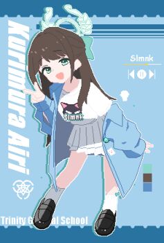 1girl :d absurdres airi_(band)_(blue_archive) airi_(blue_archive) black_shoes blue_archive blue_background blue_jacket brown_hair character_name color_guide full_body green_eyes green_halo halo hand_up hashtag-only_commentary highres jacket long_hair long_sleeves looking_at_viewer miniskirt official_alternate_costume open_clothes open_jacket open_mouth parted_bangs pixel_art pleated_skirt progress_bar shirt shoes skirt slmnk10124 smile socks solo v white_shirt white_skirt white_socks