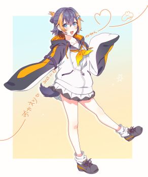 Rule 34 | 1girl, black hair, black hoodie, black sailor collar, black shoes, blonde hair, blue eyes, border, character name, dated, fish hair ornament, folded ponytail, gradient background, hair ornament, happy, highres, hood, hoodie, letterboxed, lia (retiredstarmiya), long sleeves, looking at viewer, loose socks, miniskirt, multicolored hair, multicolored skirt, neckerchief, nijisanji, nijisanji en, open mouth, outside border, penguin tail, petra gurin, petra gurin (1st costume), pleated skirt, sailor collar, school uniform, serafuku, shoes, short hair, signature, skirt, sleeves past fingers, sleeves past wrists, sneakers, socks, solo, streaked hair, tail, two-tone hair, virtual youtuber, white border, white hoodie, white serafuku, white skirt, white socks, yellow neckerchief