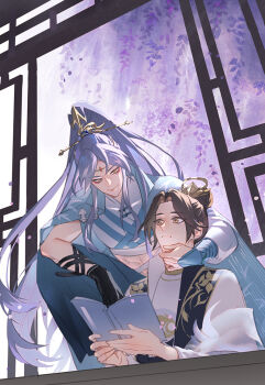&gt;:) 2boys :&lt; abs arm_guards bandaged_torso black_gloves black_sash blue_cape blue_pants book brown_hair cape chinese_commentary closed_mouth coat colored_lapels crop_top curtained_hair day eye_contact eyeliner falling_petals feet_out_of_frame floral_print flower front-to-back gloves grey_hair hair_bun hair_ornament hair_stick hand_on_another&#039;s_chin head_chain high_ponytail holding holding_book hua_yi_shanxin_zhiyue indoors jewelry lapels lattice ling_(hua_yi_shanxin_zhiyue) long_hair long_sleeves looking_at_another makeup male_focus mandarin_collar midriff multiple_boys navel_piercing on_one_knee open_book pants parted_bangs petals piercing ponytail purple_flower red_eyeliner robe sash see-through_clothes see-through_shawl shawl shirt sidelocks sideways_glance single_hair_bun sitting smile table the_prince_(hua_yi_shanxin_zhiyue) toned toned_male tree uka_(azraeluka) upper_body v-shaped_eyebrows very_long_hair white_coat white_robe white_shawl white_shirt wide_ponytail window wisteria xiao_guan_(headdress) yaoi yellow_eyes