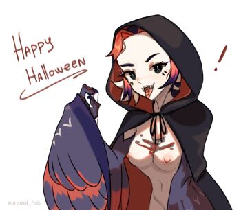! 1girl absurdres black_cloak black_eyes black_feathers black_hair black_wings blood blood_in_mouth blood_on_breasts blood_on_hands breasts bright_pupils claws cloak commentary english_commentary english_text feathered_wings feathers harpy highres hood hood_up hooded_cloak looking_at_viewer monster_girl multicolored_hair naked_cloak navel nipples original parted_bangs red_feathers red_hair simple_background small_breasts solo two-tone_hair unreal_fish vampire_costume white_background white_pupils winged_arms wings