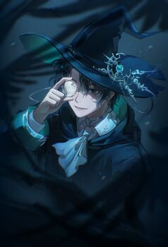 Rule 34 | 1boy, absurdres, adjusting eyewear, adjusting monocle, amon (lord of the mysteries), aqua eyes, ascot, black hair, black hat, black robe, blurry, blurry foreground, cloak, collared shirt, commentary request, feathers, hat, hat ornament, highres, holding, long sleeves, looking at viewer, lord of the mysteries, male focus, monocle, open mouth, robe, shadow, shirt, short hair, smile, solo, two-tone cloak, upper body, wavy hair, white ascot, white shirt, witch hat, xiaojiaguoguowang