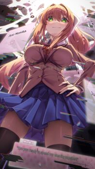1girl :3 absurdres arm_at_side black_thighhighs blazer blue_skirt bow breasts brown_jacket brown_sweater_vest buttons character_name closed_mouth collared_shirt commentary_request cowboy_shot dialogue_box doki_doki_literature_club doki_doki_literature_club_school_uniform dot_nose dutch_angle english_text eyebrows_hidden_by_hair from_below gameplay_mechanics glitch green_eyes hair_bow hair_intakes hand_on_own_hip highres impossible_clothes jacket large_bow large_breasts long_hair long_sleeves looking_at_viewer looking_down miniskirt monika_(doki_doki_literature_club) neck_ribbon pleated_skirt ponytail red_ribbon ribbon school_uniform shirt sidelocks skirt smile solo standing sweater_vest thighhighs user_interface very_long_hair white_bow white_shirt yosshy