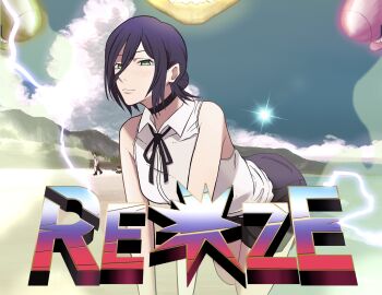 1girl 2girls absurdres beach black_choker black_ribbon blue_sky bomb_devil_(chainsaw_man) chainsaw_man character_name choker cloud collared_shirt cumulonimbus_cloud day green_eyes highres multiple_girls neck_ribbon ocean otataru0806 outdoors purple_hair purple_shorts reze_(chainsaw_man) ribbon sand shirt shorts sky sleeveless sleeveless_shirt typhoon_devil&#039;s_contractor_(chainsaw_man) white_shirt