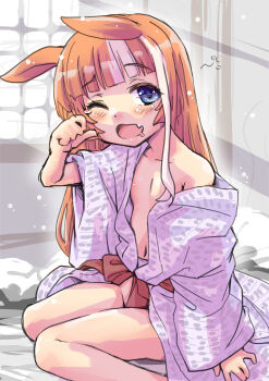 1girl absurdres akikawa_yayoi_(umamusume) animal_ears blue_eyes blunt_bangs blush bottomless commentary_request fang flat_chest foot_out_of_frame hand_up highres horse_ears horse_girl indoors japanese_clothes kimono light_rays loli long_hair long_sleeves looking_at_viewer miki123 multicolored_hair navel no_panties no_pants one_eye_closed open_clothes open_kimono open_mouth orange_hair partially_undressed red_sash rubbing_eyes sash single_off_shoulder single_sidelock single_tear sitting solo streaked_hair two-tone_hair umamusume waking_up wariza white_hair white_kimono wide_sleeves window