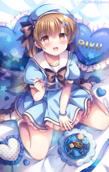 1girl :d animal_ears beret blue_bow blue_flower blue_hat blue_rose blue_serafuku blue_skirt blue_sky blush bow brown_bow brown_hair brown_shoes cat_ears commentary_request eighth_note flower fork frilled_pillow frills hair_bow happy_birthday hat heart heart-shaped_pillow highres holding holding_fork kouta. looking_at_viewer musical_note open_mouth original pillow pleated_skirt puffy_short_sleeves puffy_sleeves rose sailor_collar school_uniform serafuku shoes short_sleeves sitting skirt sky smile socks solo twitter_username wariza white_background white_flower white_rose white_sailor_collar white_socks