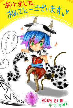1boy 2009 blue_hair brown_pants chinese_zodiac chirao_(tirao777) closed_mouth commentary_request cow_hat cow_print_sleeves detached_sleeves fingerless_gloves frown full_body gloves green_eyes hair_between_eyes holding holding_rope male_focus pants poring professor_(ragnarok_online) ragnarok_online red_shirt rope scarf shirt short_hair simple_background sleeveless sleeveless_shirt slime_(creature) solo standing translation_request white_background year_of_the_ox