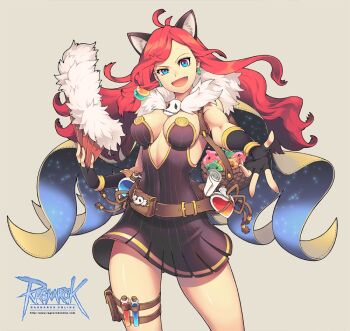 1girl :3 :d ahoge alchemist_(ragnarok_online) animal_ear_fluff animal_ears basket black_gloves blue_eyes breasts brown_cape brown_dress cape carrying cat_ears cat_girl cowboy_shot dress drops_(ragnarok_online) earrings extra_ears fingerless_gloves folding_fan fur_collar gameseu gloves grey_background hand_fan jewelry large_breasts long_hair looking_at_viewer open_mouth poporing poring potion ragnarok_online red_hair short_dress shoulder_carry simple_background smile solo strapless strapless_dress vial