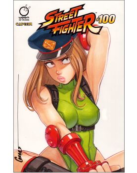 1girl arm_behind_head armor armpits artist_name black_hat blonde_hair boku_no_hero_academia boots border bracer breasts cammy_white cammy_white_(cosplay) combat_boots cosplay fingerless_gloves gloves green_leotard hat highleg highleg_leotard highres leotard lips long_hair lotus_position medium_breasts omar_dogan peaked_cap red_armor red_gloves simple_background street_fighter thighs utsushimi_kemii white_border