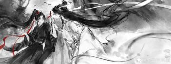 Rule 34 | 2boys, bird, black hair, black hanfu, chinese clothes, chinese commentary, couple, dizi, faux traditional media, floating clothes, floating hair, flower, flute, flute tassel, greyscale, hair ribbon, hanfu, headband, highres, holding, holding another&#039;s wrist, holding flute, holding instrument, huashengdoufu, ink wash painting, instrument, lan wangji, long hair, long sleeves, looking at another, male focus, modao zushi, monochrome, multiple boys, outdoors, parted lips, ponytail, red ribbon, ribbon, robe, sash, sidelocks, spot color, tassel, topknot, transverse flute, tree, upper body, very long hair, watermark, wei wuxian, weibo watermark, white hanfu, white headband, wide sleeves, xiao guan (headdress), yaoi