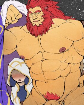 1boy 1other abs absurdres arm_up bara beard blush caineghis_(fire_emblem) cape clenched_hand cloak commentary_request facial_hair fire_emblem fire_emblem_heroes fur-trimmed_cape fur_trim glensaru hand_on_own_hip highres hood hood_up hooded_cloak kiran_(fire_emblem) looking_at_another male_focus muscular muscular_male nintendo nipples nude one_eye_closed open_mouth pectorals penis_out_of_frame pubic_hair red_hair yellow_eyes