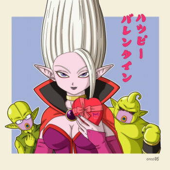 1girl 2boys absurdres artist_name black_eyes black_lips black_nails black_sclera blue_background border box breasts bridal_gauntlets brooch cape choker cleavage clenched_hand closed_mouth colored_sclera colored_skin commentary dr._arinsu dragon_ball dragon_ball_daima dress english_commentary gold_choker green_skin hand_up happy_valentine heart-shaped_box highres holding holding_box jewelry large_breasts lips long_hair looking_at_viewer majin_duu majin_kuu mixed-language_commentary multiple_boys orco05 outside_border pink_bridal_gauntlets pointing pointing_at_self pointy_ears purple_dress purple_eyes purple_skin red_cape red_eyes single_bang tall_hair translated upper_body valentine white_hair